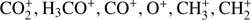 $ \text{CO}_2^+,{\mathrm H}_3\text{CO}^+,\text{CO}^+,\mathrm O^+,\text{CH}_3^+,\text{CH}_2^+ $