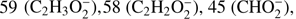 $ 59{({\mathrm C}_2{\mathrm H}_3\mathrm O_2^-)},58{({\mathrm C}_2{\mathrm H}_2\mathrm O_2^-),45{(\text{CHO}_2^-),}} $