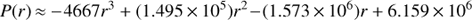 \begin{equation}P(r) \approx - 4667{r^3} + (1.495 \times {10^5}){r^2} - (1.573 \times {10^6})r + 6.159 \times {10^6}\end{equation}