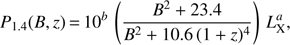 $ \begin{aligned} P_\mathrm{1.4} (B,z)\,{=}\,10^b\,\left( \frac{B^2 + 23.4}{B^2 + 10.6 \, (1+z)^4} \right) \, L^{a}_\mathrm{X} , \end{aligned} $