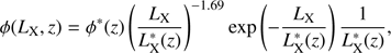 $ \begin{aligned} \phi (L_\mathrm{X}, z) = \phi ^*(z) \left(\frac{L_\mathrm{X}}{L_\mathrm{X}^*(z)} \right)^{-1.69} \exp \left(-\frac{L_\mathrm{X}}{L_\mathrm{X}^*(z)} \right) \frac{1}{L_\mathrm{X}^*(z)} , \end{aligned} $
