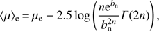 $$ {\langle\mu\rangle}_\mathrm e=\mu_\mathrm e-2.5\log{\left(\frac{n\mathrm e^{b_\mathrm n}}{b_\mathrm n^{2n}}\mathrm\Gamma{(2n)}\right)}, $$