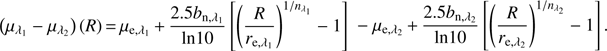 $$ {(\mu_{\lambda_1}-\mu_{\lambda_2})}{(R)}=\mu_{\mathrm e,\lambda_1}+\frac{2.5b_{\mathrm n,\lambda_1}}{\ln10}{\left[{\left(\frac R{r_{\mathrm e,\lambda_1}}\right)}^{1/n_{\lambda_1}}-1\right]}-\mu_{\mathrm e,\lambda_2}+\frac{2.5b_{\mathrm n,\lambda_2}}{\ln10}{\left[{\left(\frac R{r_{\mathrm e,\lambda_2}}\right)}^{1/1/n_{\lambda_2}}-1\right]}. $$
