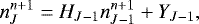 \begin{equation*}n_{J}^{n&#x002B;1} = H_{J-1} n_{J-1}^{n&#x002B;1} &#x002B; Y_{J-1} , \end{equation*}