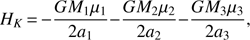$$ \begin{aligned} H_K\,{=}\,{-}{{GM_1\mu _1}\over {2a_1}}{-}{{GM_2\mu _2}\over {2a_2}}{-}{{GM_3\mu _3}\over {2a_3}}, \end{aligned} $$