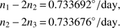 $$ \begin{aligned} n_1\,{-}\,2n_2& \,{=}\,0.733692^{\circ }/\mathrm{day},\nonumber \\ n_2\,{-}\,2n_3& \,{=}\,0.733676^{\circ }/\mathrm{day}. \end{aligned} $$