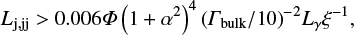 $$ \begin{equation} L_{\mathrm{j,jj}}>0.006\mathit{\Phi}\left(1+\alpha^2\right)^4(\mathit{\Gamma}_\mathrm{bulk}/10)^{-2}L_\gamma\xi^{-1}, \end{equation} $$
