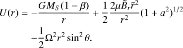\begin{eqnarray*} U(r)&=&-\frac{GM_S(1-\beta)}{r} &#x002B;\frac{1}{2}\frac{2\mu \tilde{B}_r\tilde{r}^2}{r^2}(1&#x002B;a^2)^{1/2}\nonumber \\ &&-\frac{1}{2}{\rm{\Omega}}^2r^2\sin^2\theta.\end{eqnarray*}