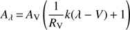 $ \begin{aligned} A_{\lambda }\,{=}\,A_\mathrm{V} \left( \frac{1}{R_\mathrm{V}} k(\lambda -V)\,{+}\,1 \right) \end{aligned} $