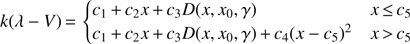 $ \begin{aligned} k(\lambda -V)\,{=} \left\{ \begin{array}{ll} c_1\,{+}\,c_2 x\,{+}\,c_3 D(x,x_0,\gamma )& x\,{\le }\,c_5 \\ c_1\,{+}\,c_2 x\,{+}\,c_3 D(x,x_0,\gamma )\,{+}\,c_4 (x-c_5)^{2}& x\,{>}\,c_5 \end{array}\right. \end{aligned} $