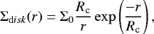 \begin{equation*} {\mathrm\Sigma}_{{\mathrm disk}} (r) = \mathrm\Sigma_{0} \frac{R_{\textrm{c}}}{r} \exp\left(\frac{-r}{R_{\textrm{c}}}\right), \end{equation*}