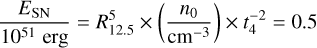 $$ \frac{E_\text{SN}}{10^{51}\text{erg}}=R_{12.5}^5\times{(\frac{n_0}{\text{cm}^{-3}})}\times t_4^{-2}=0.5 $$