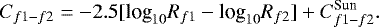 \begin{equation*} C_{f1-f2} = -2.5[\textrm{log}_{10}R_{f1} - \textrm{log}_{10}R_{f2}] &#x002B; C_{f1-f2}^{\textrm{Sun}}.\end{equation*}