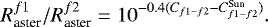 \begin{equation*} {R_{\textrm{aster}}^{f1}}/{R_{\textrm{aster}}^{f2}} = 10^{-0.4(C_{f1-f2} - C_{f1-f2}^{\textrm{Sun}})}.\end{equation*}