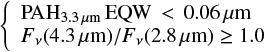 $$ \left\{ \begin{array}{l} {\rm PAH}_{3.3\,\mu {\rm m}}\,{\rm EQW}\,<\,0.06\,\mu {\rm m} \\ F_{\nu}(4.3\,\mu {\rm m})/F_{\nu}(2.8\,\mu {\rm m}) \geq 1.0 \end{array} \right.$$