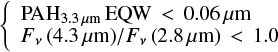 $$ \left\{ \begin{array}{l} {\rm PAH}_{3.3\,\mu {\rm m}}\,{\rm EQW}\,< \,0.06\,\mu {\rm m} \\ F_{\nu}\,(4.3\,\mu {\rm m})/F_{\nu}\,(2.8\,\mu {\rm m})\,<\,1.0 \end{array} \right. $$