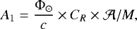 \[ A_1 = \frac{\mathrm\Phi_{\odot}}{c}\times C_R \times\mathcal{A}/M, \]