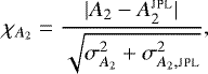 \[ \chi_{A_2} = \frac{|A_2-A_2^{\textsc{jpl}}|}{\sqrt{\sigma_{A_2}^2&#x002B;\sigma_{A_2, \textsc{jpl}}^2}}, \]