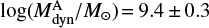 $ {\rm{log}}(M_{{\rm{dyn}}}^{\rm{A}}/{M_ \odot }) = 9.4 \pm 0.3 $