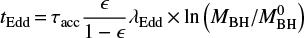 $$ \begin{align*} t_{\rm Edd}\,{=}\, \tau_{\rm acc} \frac{\epsilon}{1-\epsilon}\lambda_{\rm Edd} \times \mathrm{ln}\left(M_{\rm BH}/M_{\rm BH}^0\right) \end{align*} $$