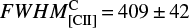 $ FWHM_{[{\rm{CII}}]}^{\rm{C}} = 409 \pm 42 $
