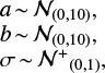 $$\begin{array}{lr} a\,{\sim}\,\mathcal{N}_{(0,10)}, \\b\,{\sim}\,\mathcal{N}_{(0,10)},\\ \sigma\,{\sim}\,\mathcal{N^{+}}_{(0,1)},\\ \end{array} $$