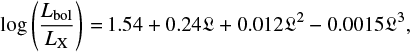$$\log\left( \frac{L_{\rm bol}}{L_{\rm X}} \right)\,{=}\,1.54 + 0.24\mathcal{L} + 0.012\mathcal{L}^2 - 0.0015\mathcal{L}^3, $$