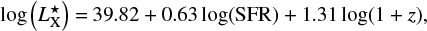 $$\log\left( L^\star_{\rm X} \right)\,{=}\,39.82 + 0.63\log({\rm SFR}) + 1.31 \log(1 + z), $$