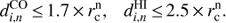 \begin{equation}d_{i,n}^{{\rm{CO}}} \le 1.7 \times r_{\rm{c}}^{\rm{n}},\qquad d_{i,n}^{{\rm{HI}}} \le 2.5 \times r_{\rm{c}}^{\rm{n}}.\end{equation}