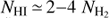 ${N_{{\rm{HI}}}} \simeq 2 - 4 \ {N_{{{\rm{H}}_2}}}$