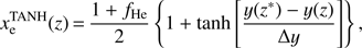 $ \begin{aligned} x_\mathrm{e}^\mathrm{TANH}(z) \,{=}\, \frac{1+f_\mathrm{He}}{2}\left\{ 1+\tanh \left[\frac{y(z^*) - y(z)}{\Delta y}\right]\right\} , \end{aligned} $