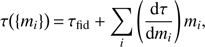 $ \begin{aligned} \tau \big (\{m_i\}\big ) \,{=}\, \tau _\mathrm{fid} + \sum _i \left(\frac{\text{ d}\tau }{\text{ d}m_i} \right) m_i, \end{aligned} $