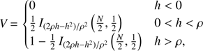 $ \begin{aligned} V \,{=}\, {\left\{ \begin{array}{ll} 0&h<0 \\ \frac{1}{2} \, I_{(2\rho h-h^2)/\rho ^2}\left(\frac{N}{2},\frac{1}{2}\right)&0<h<\rho \\ 1-\frac{1}{2} \, I_{(2\rho h-h^2)/\rho ^2}\left(\frac{N}{2},\frac{1}{2}\right)&h>\rho , \end{array}\right.} \end{aligned} $