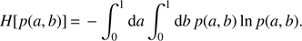 $ \begin{aligned} H[p(a,b)] \,{=}\, - \int _0^1 \text{ d}a \int _0^1 \text{ d}b \, p(a,b) \ln p(a,b). \end{aligned} $