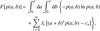 $ \begin{aligned} F[p(a,b)] \,{=}\,&\int _0^1 \text{ d}a \int _0^1 \text{ d}b \;\Biggl \{ -p(a,b) \ln p(a,b) \nonumber \\&+ \sum _{i\,{=}\,0}^\infty \lambda _i \left[(a+b)^n p(a,b) - c_n \right]\Biggr \}, \end{aligned} $