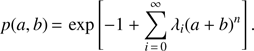 $ \begin{aligned} p(a,b) \,{=}\, \exp \left[-1+\sum _{i\,{=}\,0}^\infty \lambda _i (a+b)^n\right]. \end{aligned} $