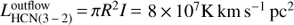 $ L_{{\rm{HCN}}(3 - 2)}^{{\rm{outflow}}} = \pi {R^2}I = 8 \times {10^7}{\rm{K km}}{{\rm{s}}^{ - 1}}{\rm{ p}}{{\rm{c}}^{\rm{2}}} $