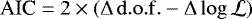 $\textrm{AIC} = 2\times (\mathrm{\Delta}\, \mathrm{d.o.f.} - \mathrm{\Delta} \log \mathcal{L})$