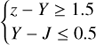 $$ \left\{ {\begin{array}{*{20}{c}} {z - Y \ge 1.5}\\ {Y - J \le 0.5} \end{array}} \right. $$