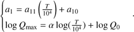 $$\left\{ {\matrix{ {{a_1} = {a_{11}}{\mkern 1mu} ({T \over {{{10}^4}}}) + {a_{10}}} \hfill \cr {\log {Q_{{\rm{max}}}} = \alpha \log ({T \over {{{10}^4}}}) + \log {Q_0}} \hfill \cr } } \right. \cdot $$