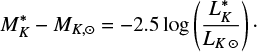 $$ \begin{equation} M^*_{K}-M_{K,\odot} = -2.5 \mathrm{log}\left(\frac{L_K^*}{L_{K \odot}}\right) \cdot\ \end{equation} $$