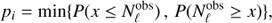 $ \begin{aligned} p_i = \min \{P(x \le N^\mathrm{obs}_\mathrm{\ell })\, ,\, P(N^\mathrm{obs}_\mathrm{\ell }\ge x)\}\text{,} \end{aligned} $