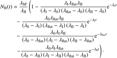 $$ \begin{aligned} N_{\rm II}(t)&= \frac{\lambda _{\rm SF}}{\lambda _{\rm II}} \left( 1 - \frac{ \lambda _{\rm I}\lambda _{\rm flat}\lambda _{\rm II}}{\left( \lambda _{\rm I}- \lambda _0\right)\left( \lambda _{\rm flat}- \lambda _0\right)\left( \lambda _{\rm II}- \lambda _0\right)} \mathrm{e}^{-\lambda _0t} \right. \nonumber \\&\;\;- \frac{\lambda _0\lambda _{\rm flat}\lambda _{\rm II}}{\left( \lambda _0- \lambda _{\rm I}\right)\left( \lambda _{\rm flat}- \lambda _{\rm I}\right)\left( \lambda _{\rm II}- \lambda _{\rm I}\right)} \mathrm{e}^{-\lambda _{\rm I}t} \nonumber \\&\;\;- \frac{\lambda _0\lambda _{\rm I}\lambda _{\rm II}}{\left( \lambda _0- \lambda _{\rm flat}\right)\left( \lambda _{\rm I}- \lambda _{\rm flat}\right)\left( \lambda _{\rm II}- \lambda _{\rm flat}\right)} \mathrm{e}^{-\lambda _{\rm flat}t} \nonumber \\&\;\; \left. - \frac{\lambda _0\lambda _{\rm I}\lambda _{\rm flat}}{\left( \lambda _0- \lambda _{\rm II}\right)\left( \lambda _{\rm I}- \lambda _{\rm II}\right)\left( \lambda _{\rm flat}- \lambda _{\rm II}\right)} \mathrm{e}^{-\lambda _{\rm II}t} \right)\cdot \end{aligned} $$
