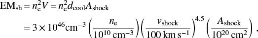 $ \begin{align*} {\rm EM}_{\rm sh} & = n_{\rm e}^2 V = n_{\rm e}^2 d_{\rm cool} A_{\rm shock} \\ & = 3 \times 10^{46} \text{cm}^{-3} \left(\frac{n_{\rm e}}{10^{10}\,\text{cm}^{-3}} \right) \left(\frac{\textit{v}_{\rm shock}}{100\,\text{km}\,\text{s}^{-1}}\right)^{4.5} \left(\frac{A_{\rm shock}}{10^{20}\,\text{cm}^2} \right)\,, \nonumber \end{align*} $