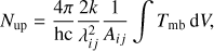 $$ \begin{aligned} N_{\text{up}}=\frac{4 \pi }{\text{hc}}\frac{2k}{\lambda _{ij}^2}\frac{1}{A_{ij}}\int T_{\text{mb}} \,{\text{d}}V , \end{aligned} $$