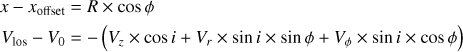 $$ \begin{aligned} x-x_\mathrm{offset}&= R \times \cos {\phi } \\ V_\mathrm{los} - V_{0}&= -\left( V_z \times \cos {i} + V_r \times \sin {i} \times \sin {\phi } + V_\phi \times \sin {i} \times \cos {\phi } \right), \end{aligned} $$