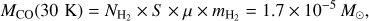 $$ \begin{aligned} M_\mathrm{CO} (30\,\mathrm{\,K}) =N_\mathrm{H_2}\times S\times \mu \times m_\mathrm{H_2} = 1.7\times 10^{-5}\,M_\odot , \end{aligned} $$