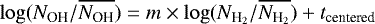 $\log(N_{\textrm{OH}}/\overline{N_{\textrm{OH}}}) = m\times\log(N_{\textrm{H}_2}/\overline{N_{\textrm{H}_2}})&#x002B;t_{\textrm{centered}}$