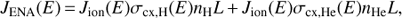 $ \begin{aligned} J_\mathrm{ENA}(E)\,{=}\,J_\mathrm{ion}(E) \sigma _\mathrm{cx,H}(E) n_\mathrm{H} L\,{+}\,J_\mathrm{ion}(E) \sigma _\mathrm{cx,He}(E) n_\mathrm{He} L, \end{aligned} $
