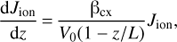 $ \begin{aligned} \frac{\mathrm{d} J_\mathrm{ion}}{\mathrm{d}z}\,{=}\,\frac{\mathrm{{\beta }}_\mathrm{cx}}{V_0(1-z/L)}J_\mathrm{ion}, \end{aligned} $